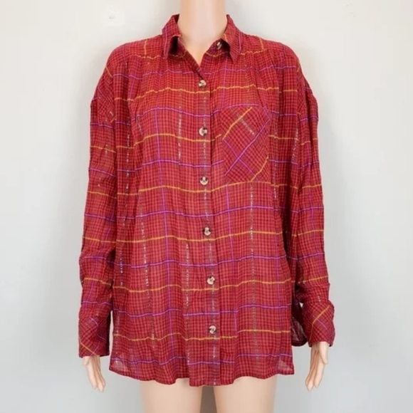 Free people plaid break my stride long sleeve button down shirt - Picture 2 of 11